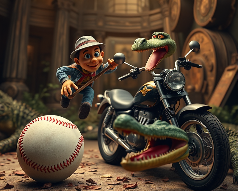 baseball, puppet, motorcycle, magnifying glass, crocodile